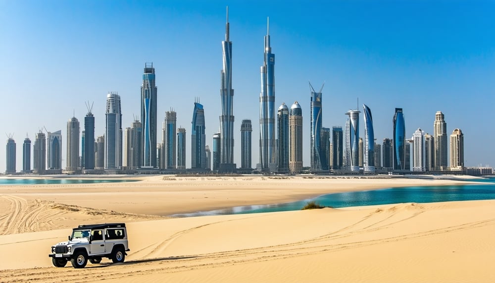 Dubai skyline with famous landmarks and a desert safari Dubai skyline with famous landmarks and a desert safari